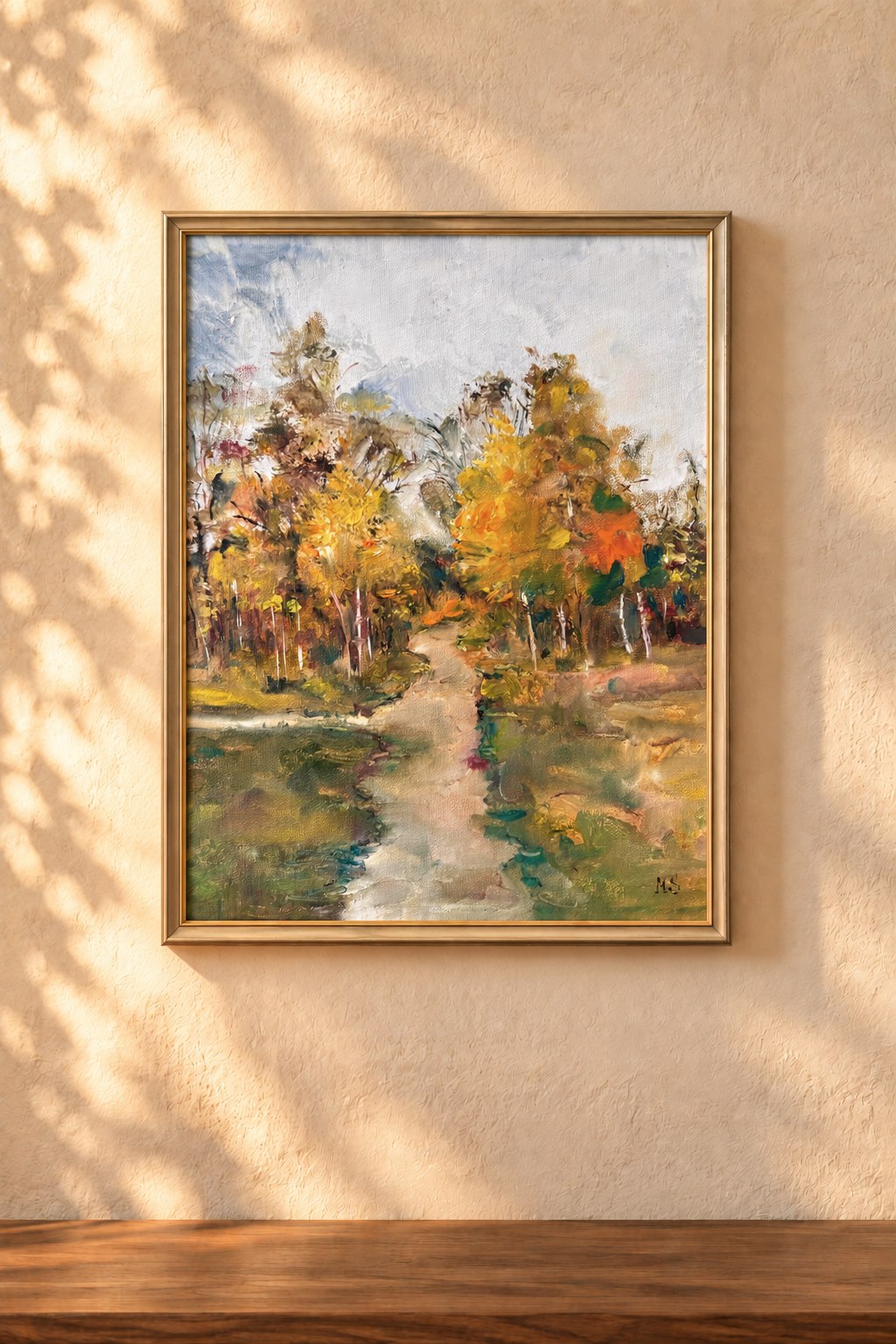 Kyiv Autumn — original painting by Marina Stognieva, visualised framed in an interior